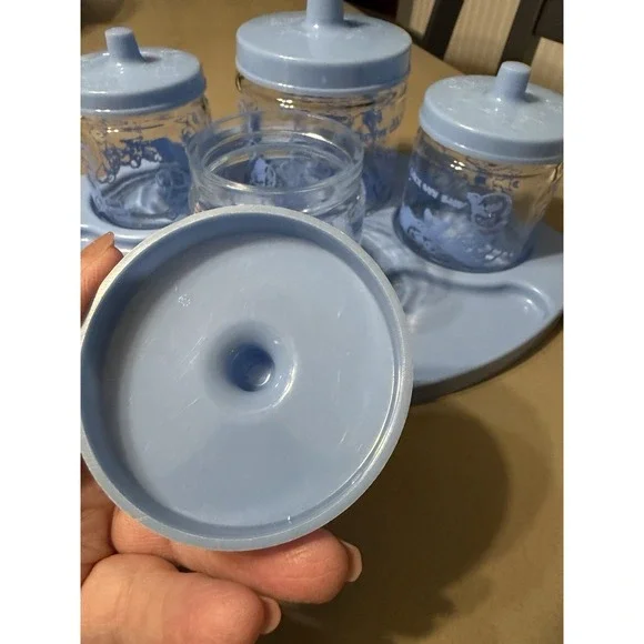 Baby Nursery Vanity Changing Table Glass Jar Set Tray Lids Pink 1950s Vintage - Picture 3 of 14